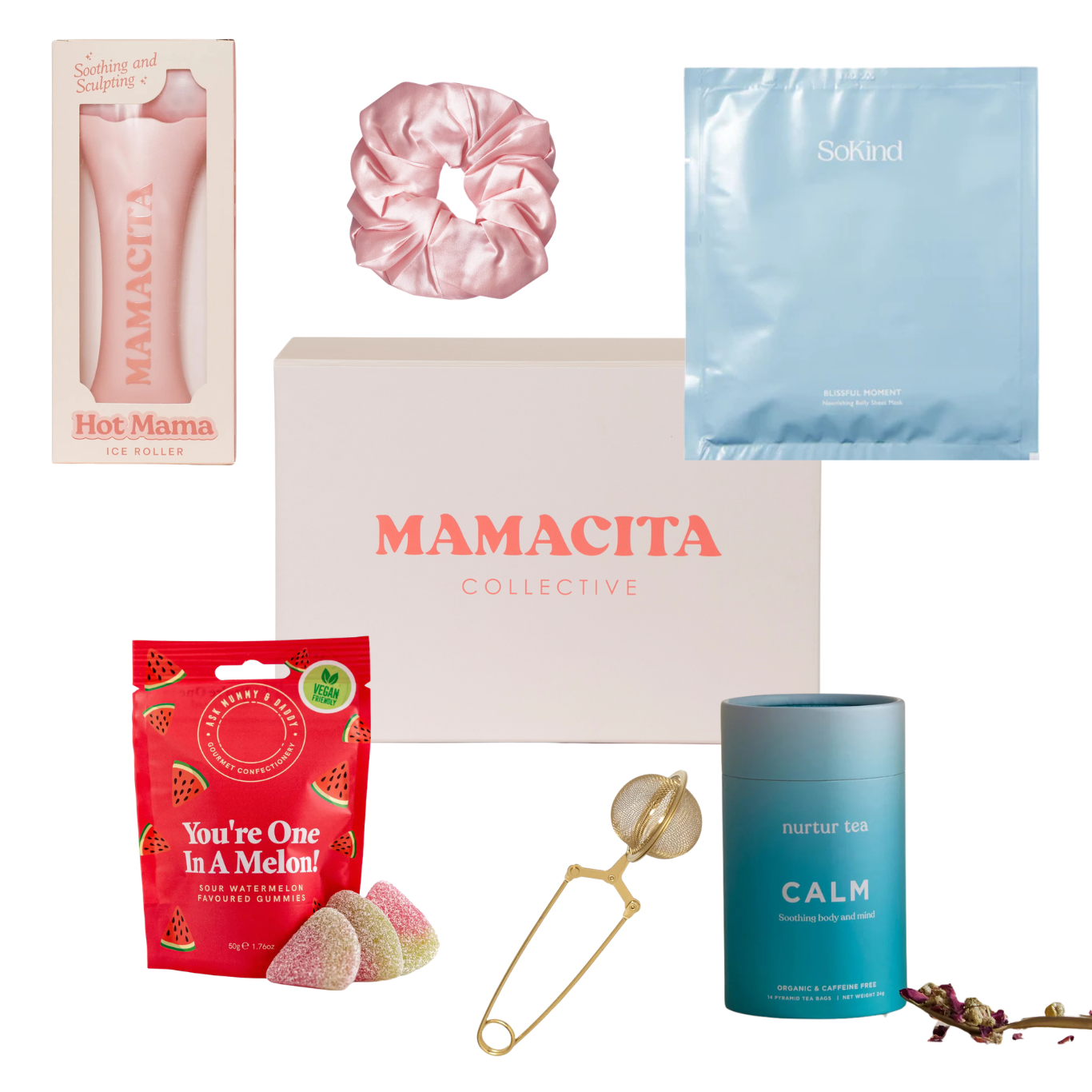 Mamacita Collective Build Your Own Gift Box graphic showing curated product options.