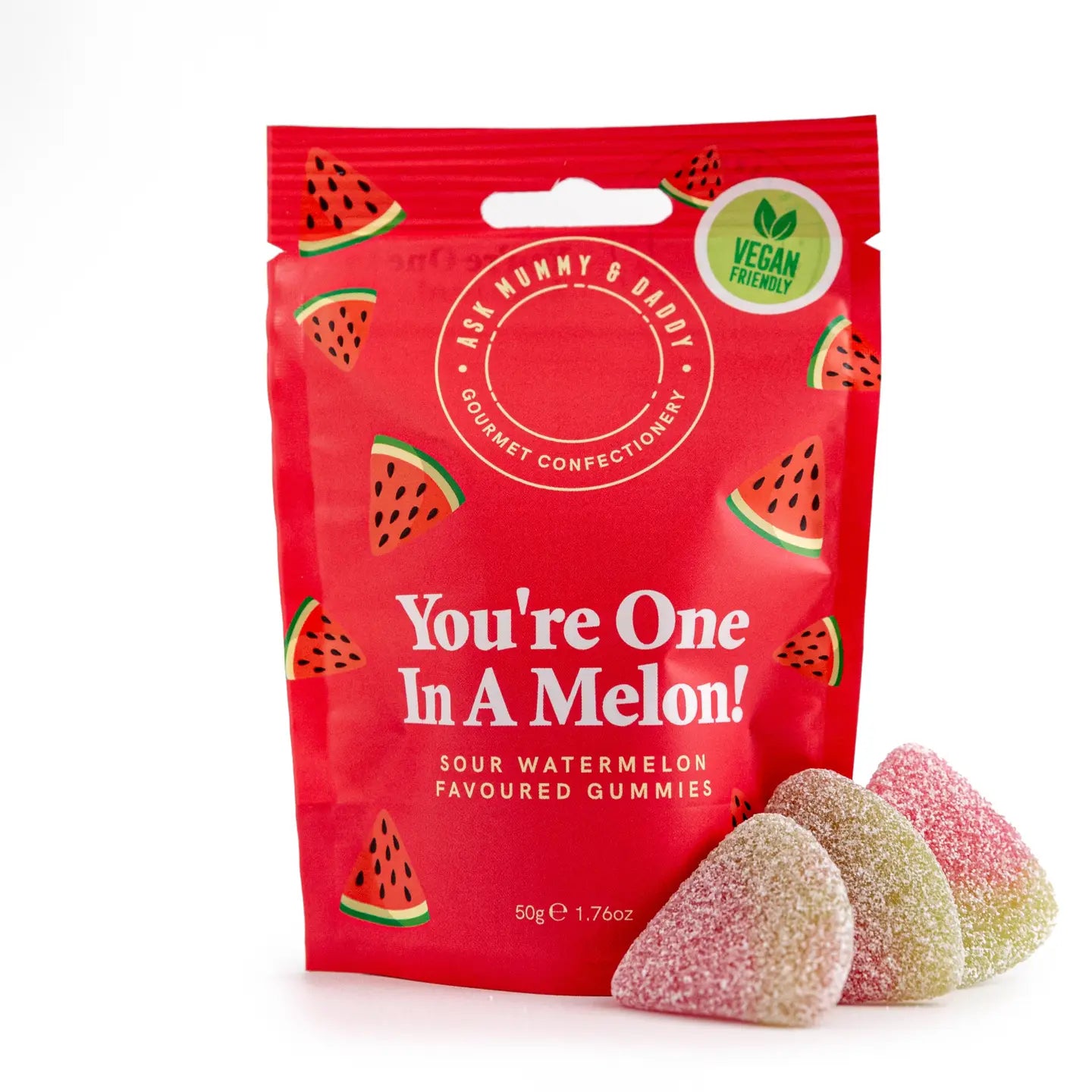 Red package of Sour Watermelon Gummies with text 'You're One In A Melon!' and watermelon illustrations.