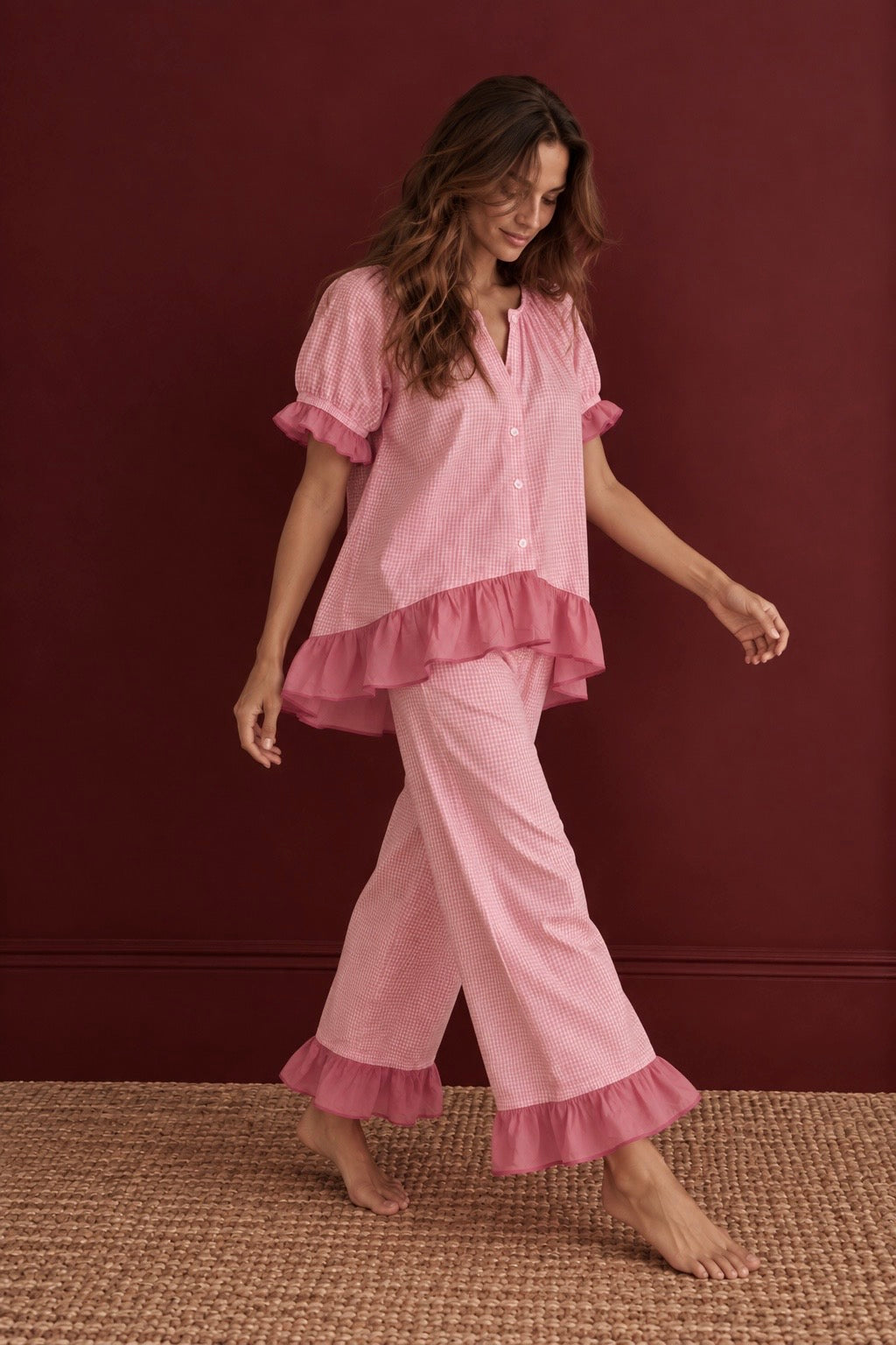 The Bonnie Ruffle Sleep Set – Soft Rose Gingham