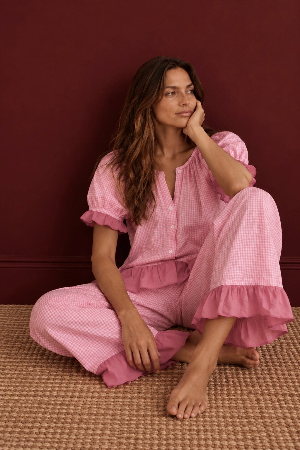 The Bonnie Ruffle Sleep Set – Soft Rose Gingham
