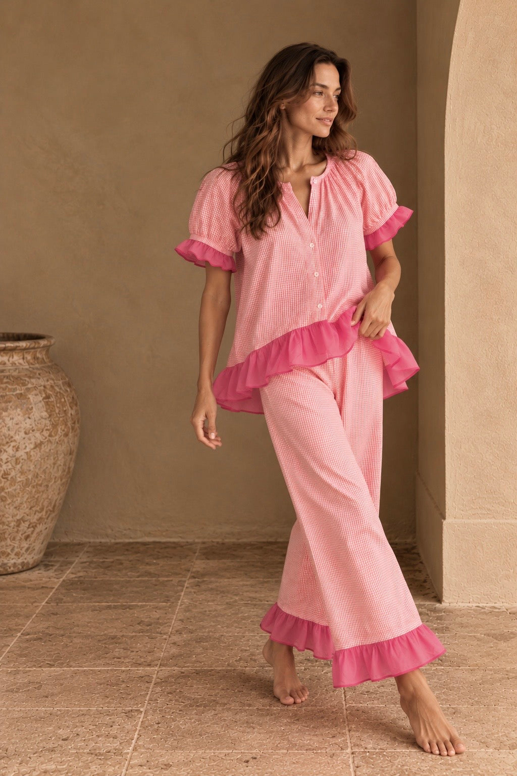 The Bonnie Ruffle Sleep Set – Bright Rose Gingham