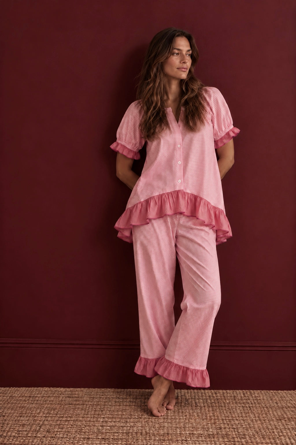 The Bonnie Ruffle Sleep Set – Soft Rose Gingham