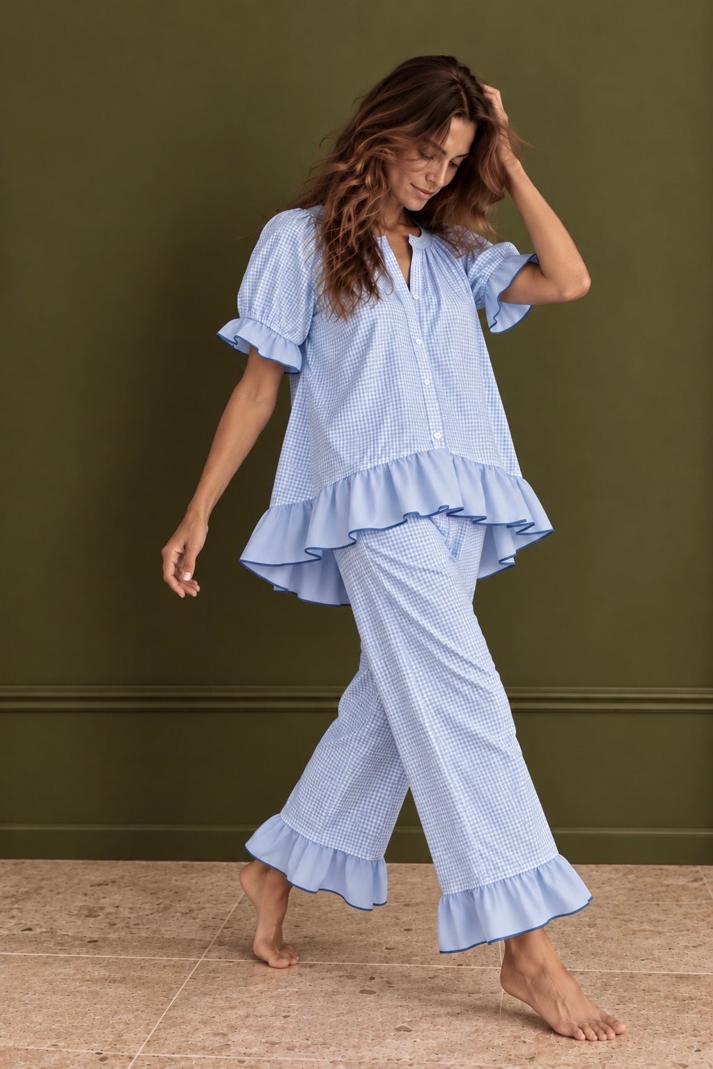 The Bonnie Ruffle Sleep Set – Sky Gingham