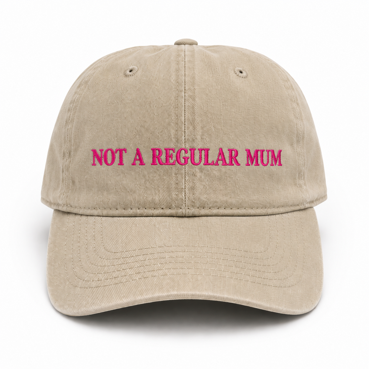 The Not a Regular Mum Cap in beige, worn outdoors.