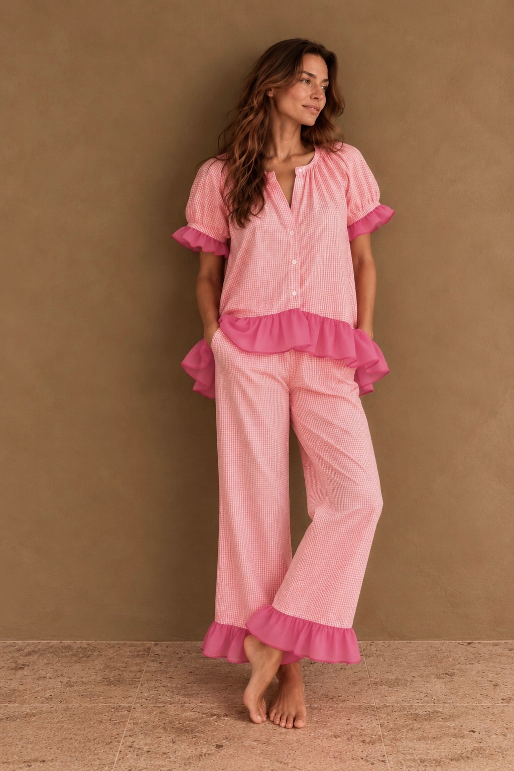 The Bonnie Ruffle Sleep Set – Bright Rose Gingham