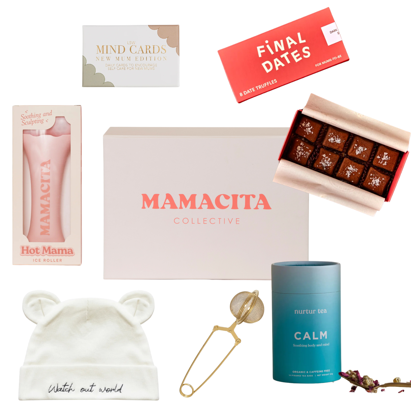 Mamacita Collective Build Your Own Gift Box graphic showing curated product options.