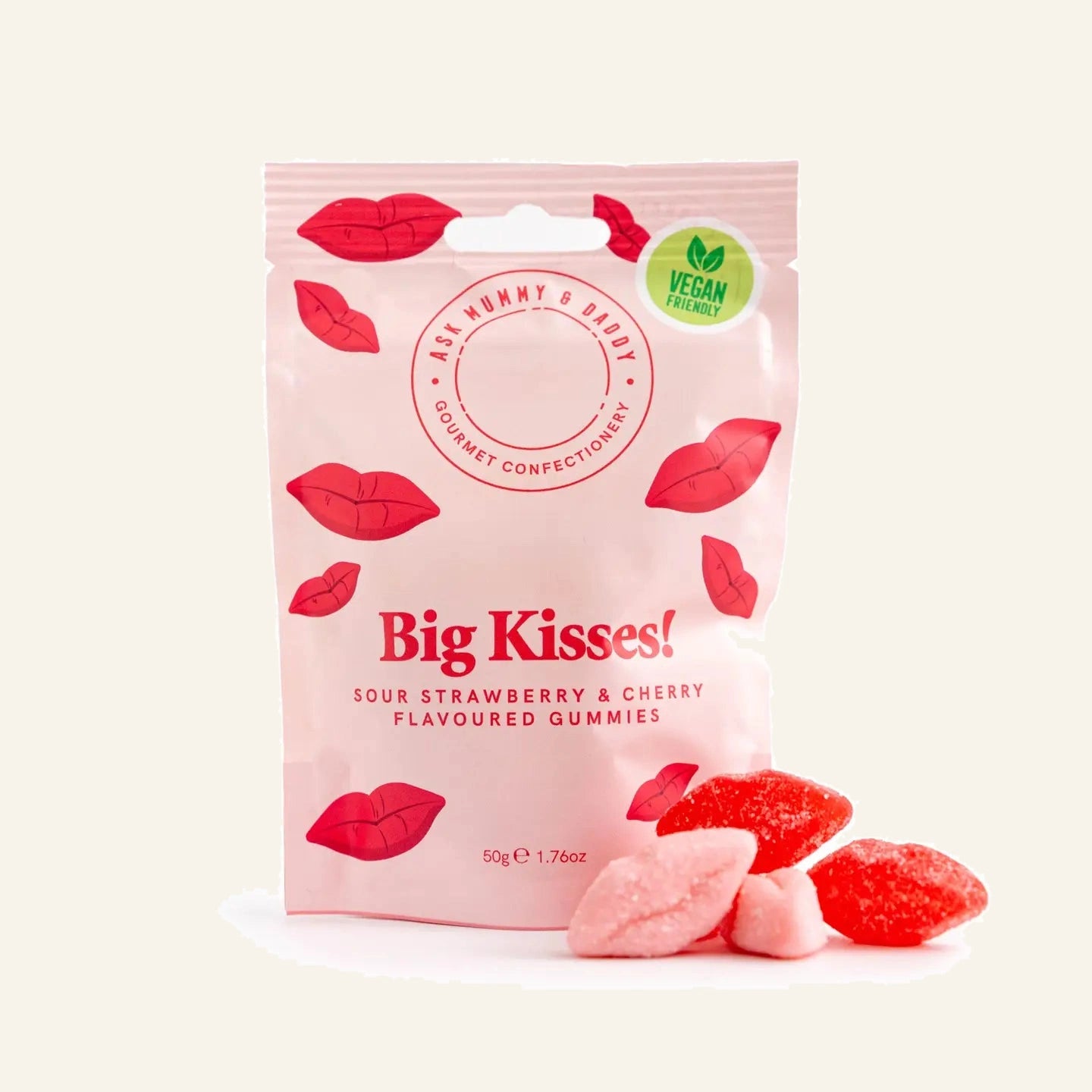 Big Kiss Gummies fizzy cherry and strawberry lip-shaped sweets in their packet.
