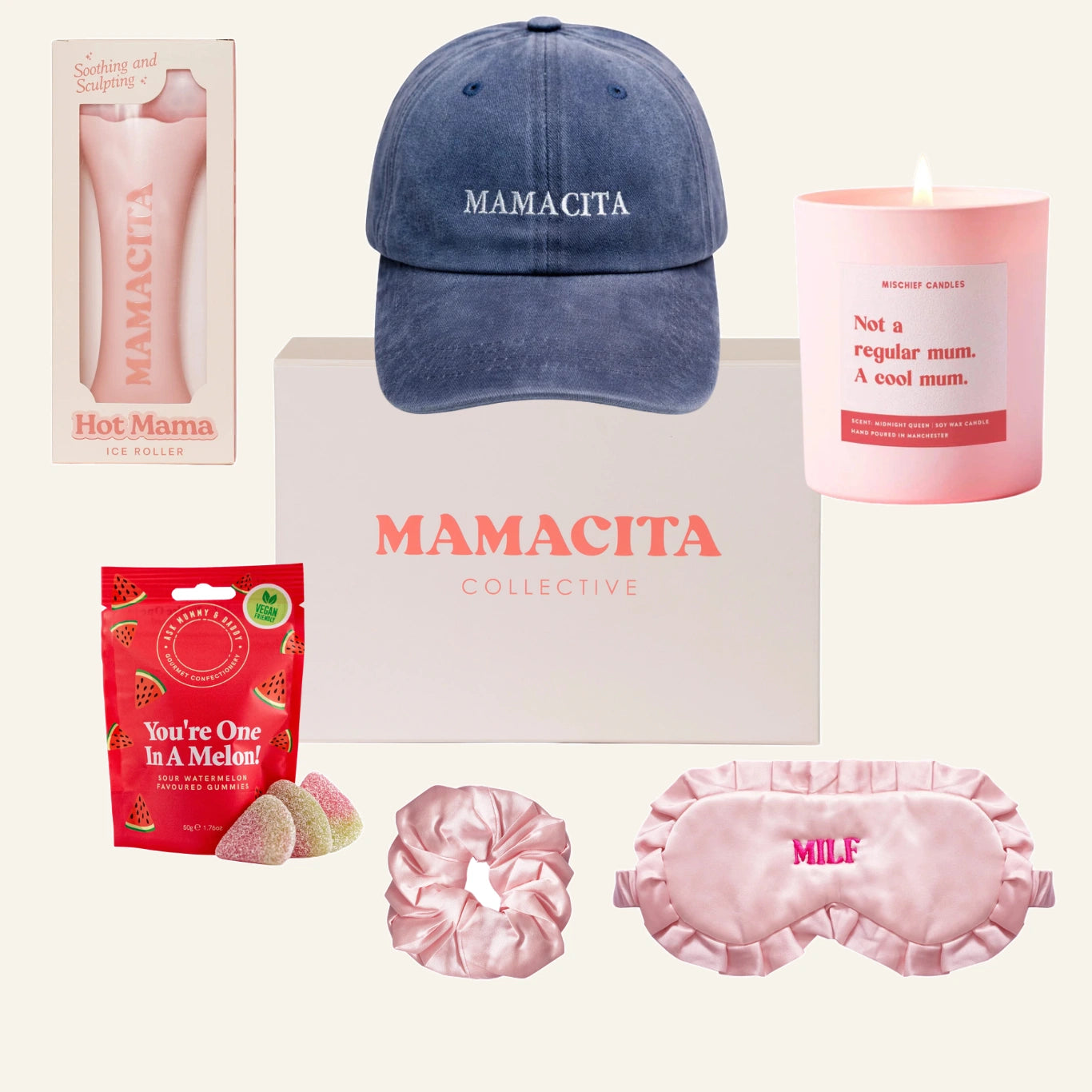 The Supermama Edit gift box featuring the Hot Mama Ice Roller, cap, gummies, silk eye mask, scrunchie and candle.