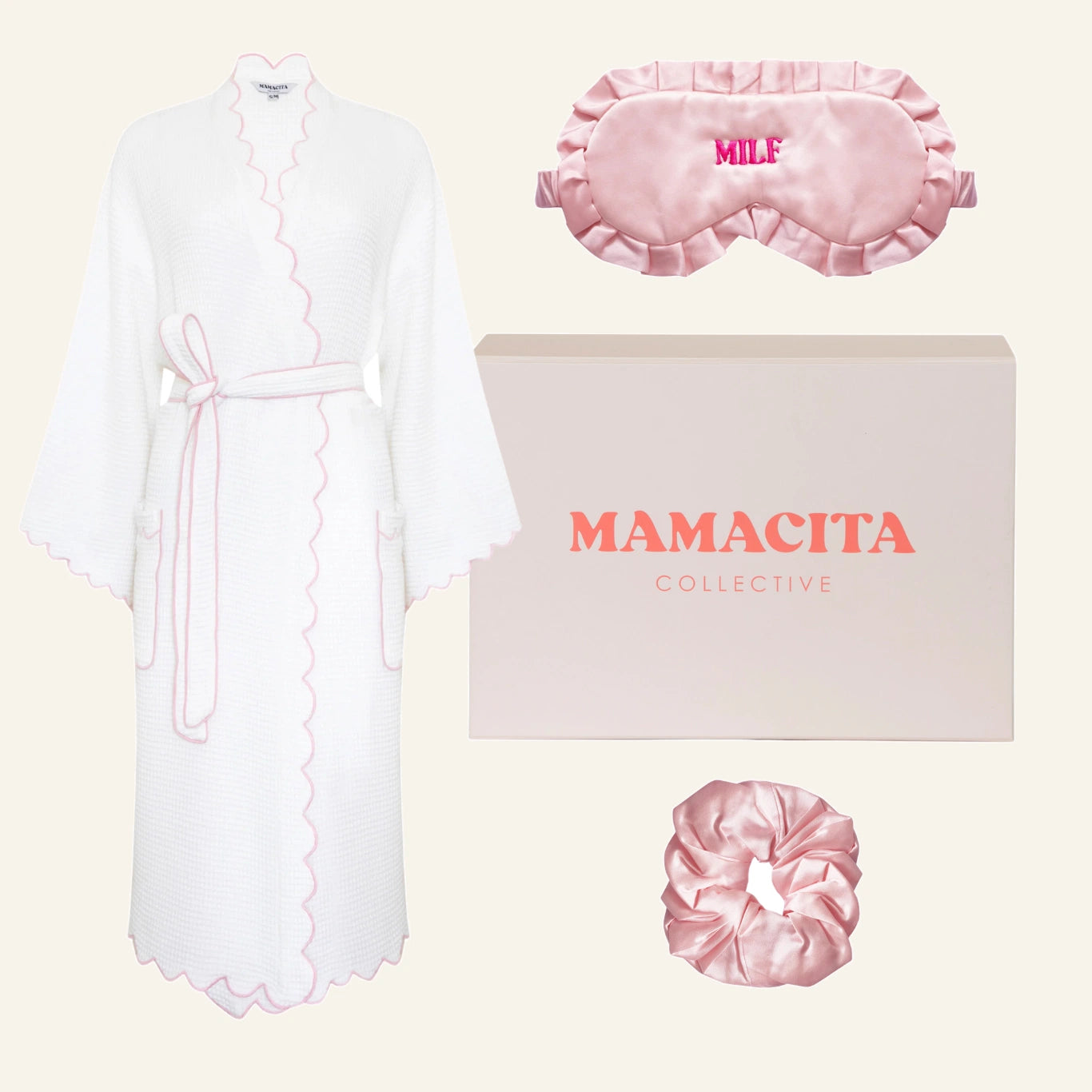 The Slow Morning Edit gift box featuring the Arabella Scallop Robe, silk eye mask and silk scrunchie.