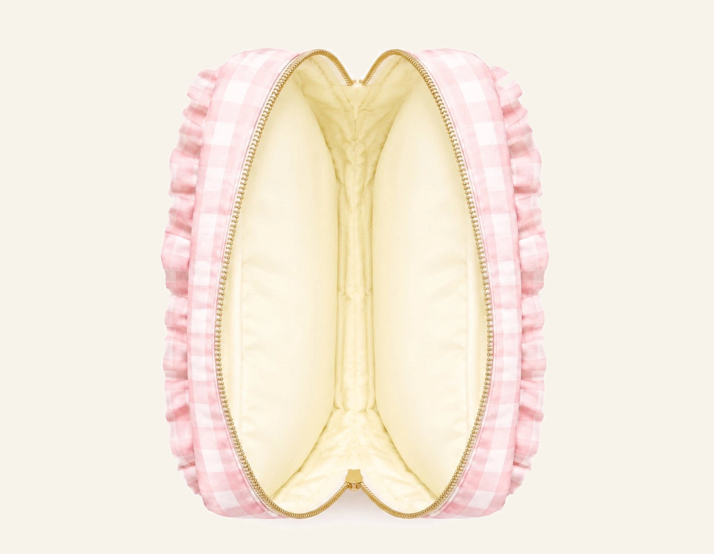 An open pink and white gingham cosmetic pouch with a ruffled edge and a cream-colored interior, shown against a plain white background.