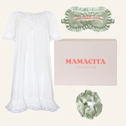 The Slow Morning Edit gift box featuring the Gigi Lace Nightdress, silk eye mask and silk scrunchie.