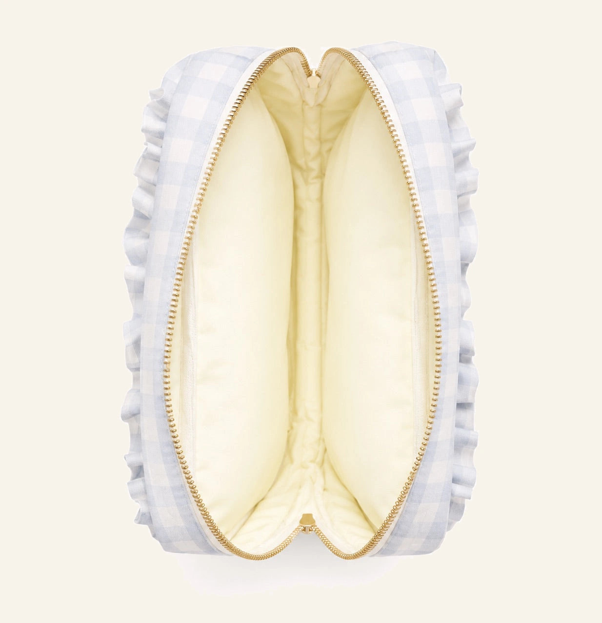 An open light blue and white gingham cosmetic pouch with a ruffled edge, a cream-colored interior lining, and a gold zipper, shown against a plain white background.