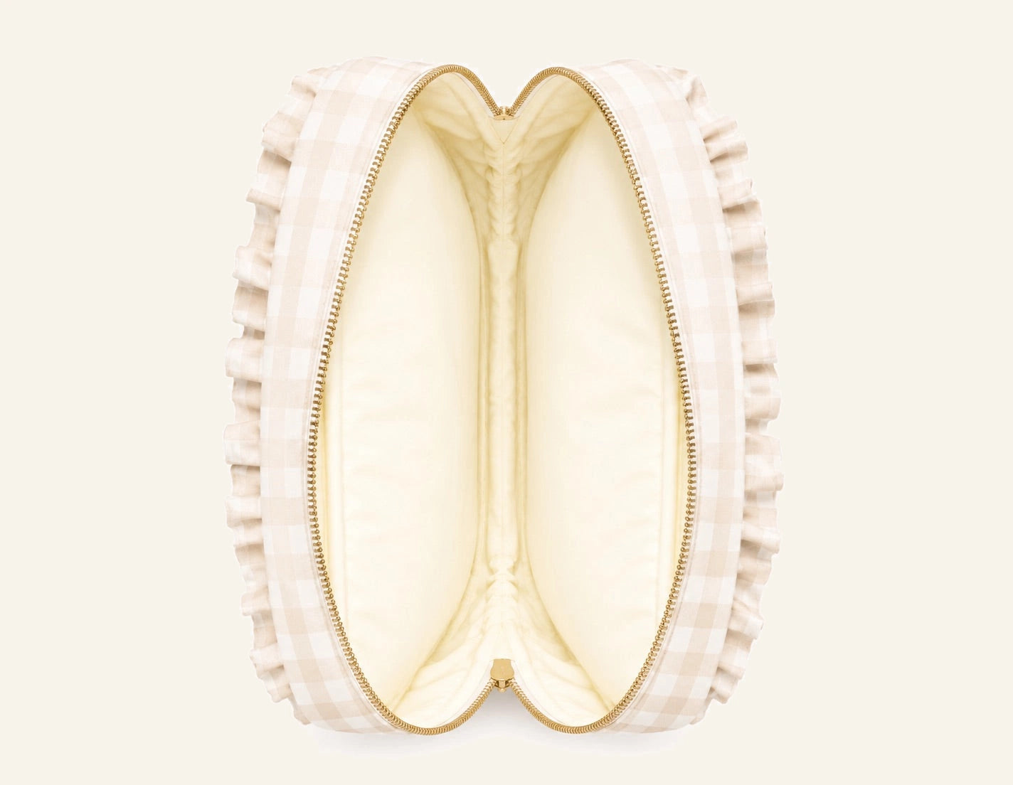 An open cream and beige gingham cosmetic pouch with a ruffled fabric exterior, gold-tone zipper, and cream-colored interior lining, shown against a plain white background.