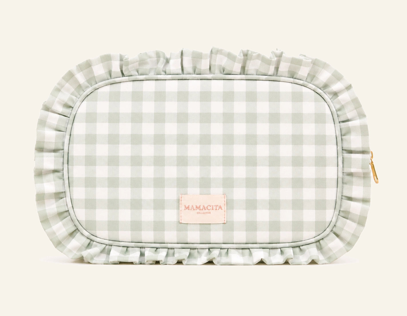 A light green and white gingham cosmetic pouch with a ruffled fabric trim and a small tan brand label reading 'MAMACITA PARIS'.