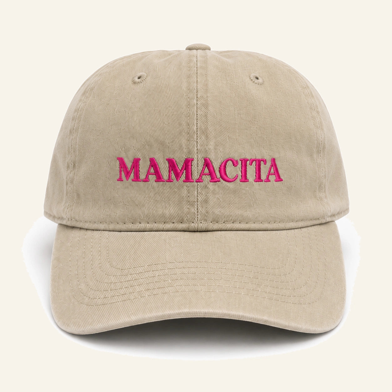 The Mamacita Cap in beige, worn outdoors.