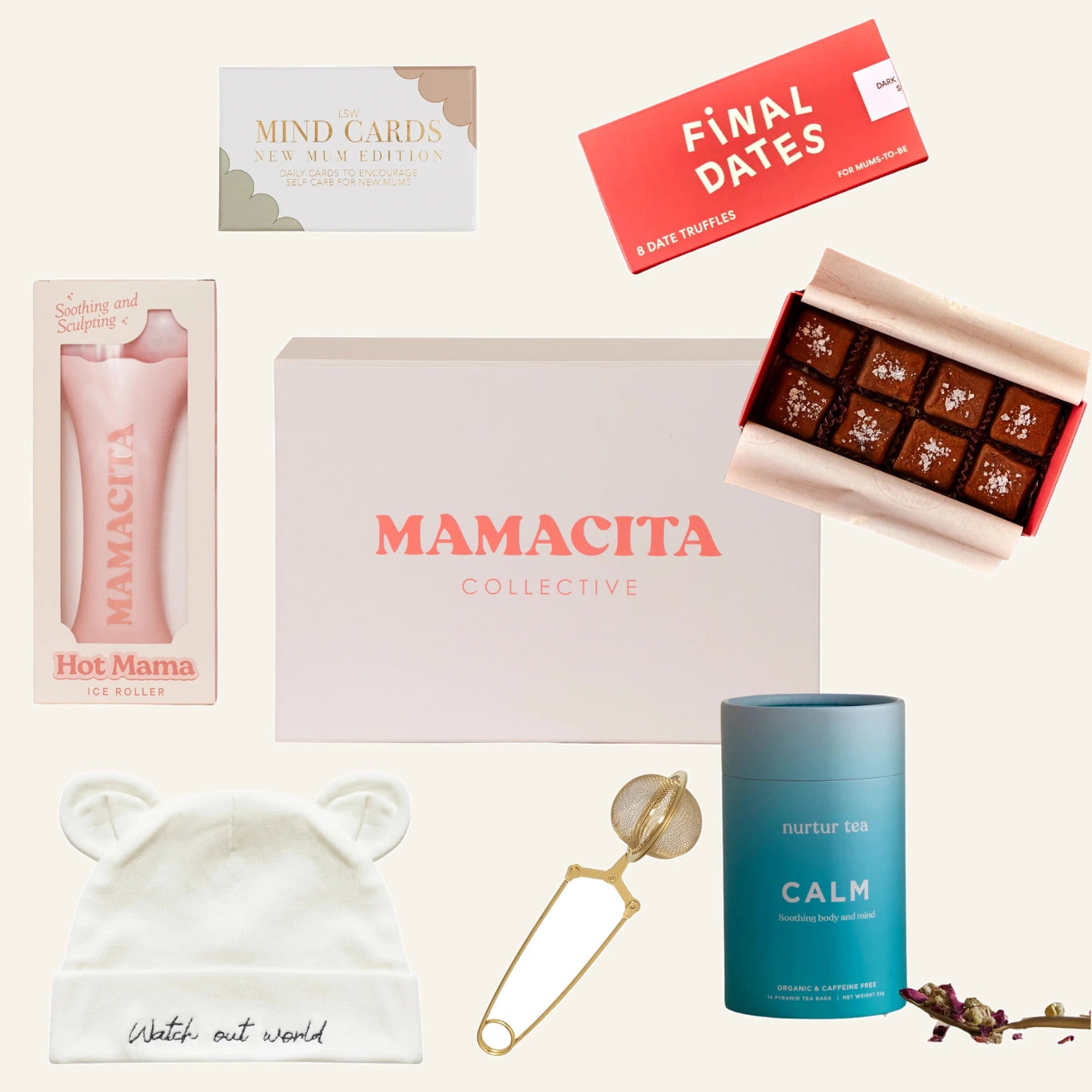 Mamacita Collective Build Your Own Gift Box graphic showing curated product options.