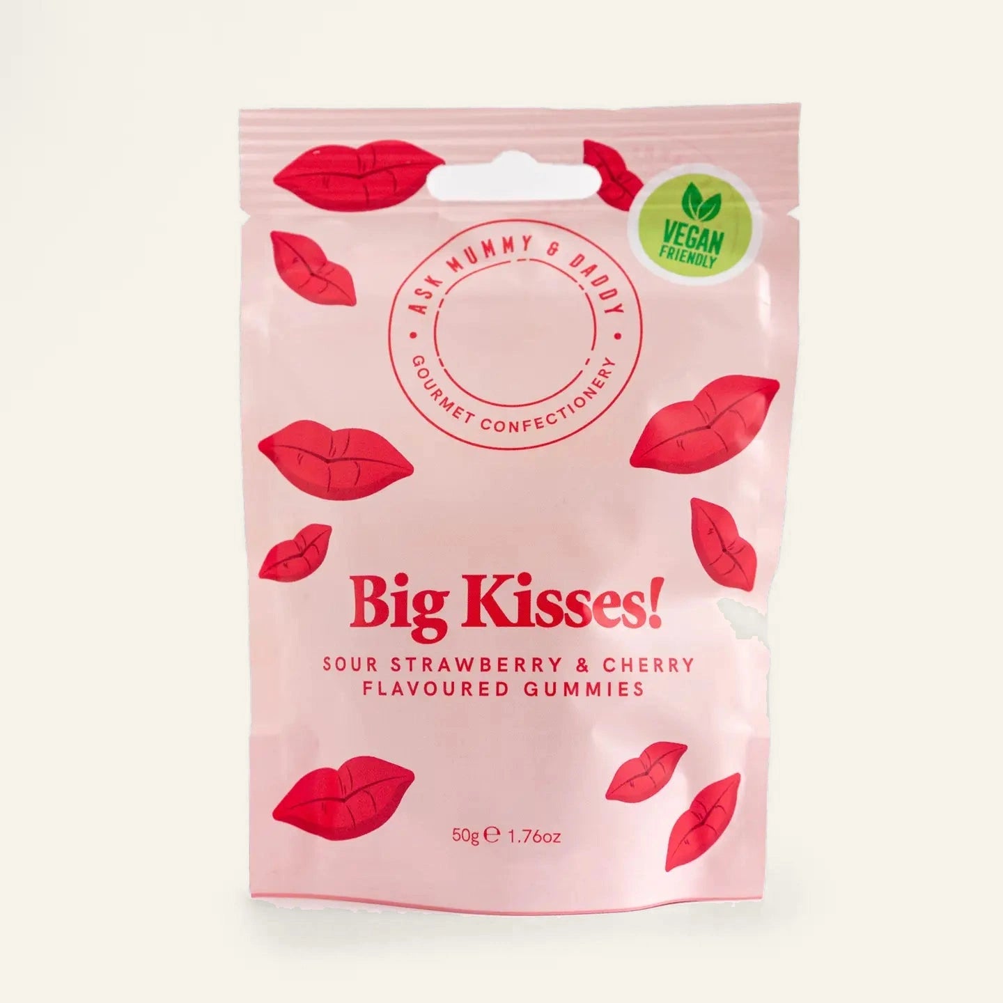 Big Kiss Gummies poured out of the packet, showing the lip-shaped sweets.