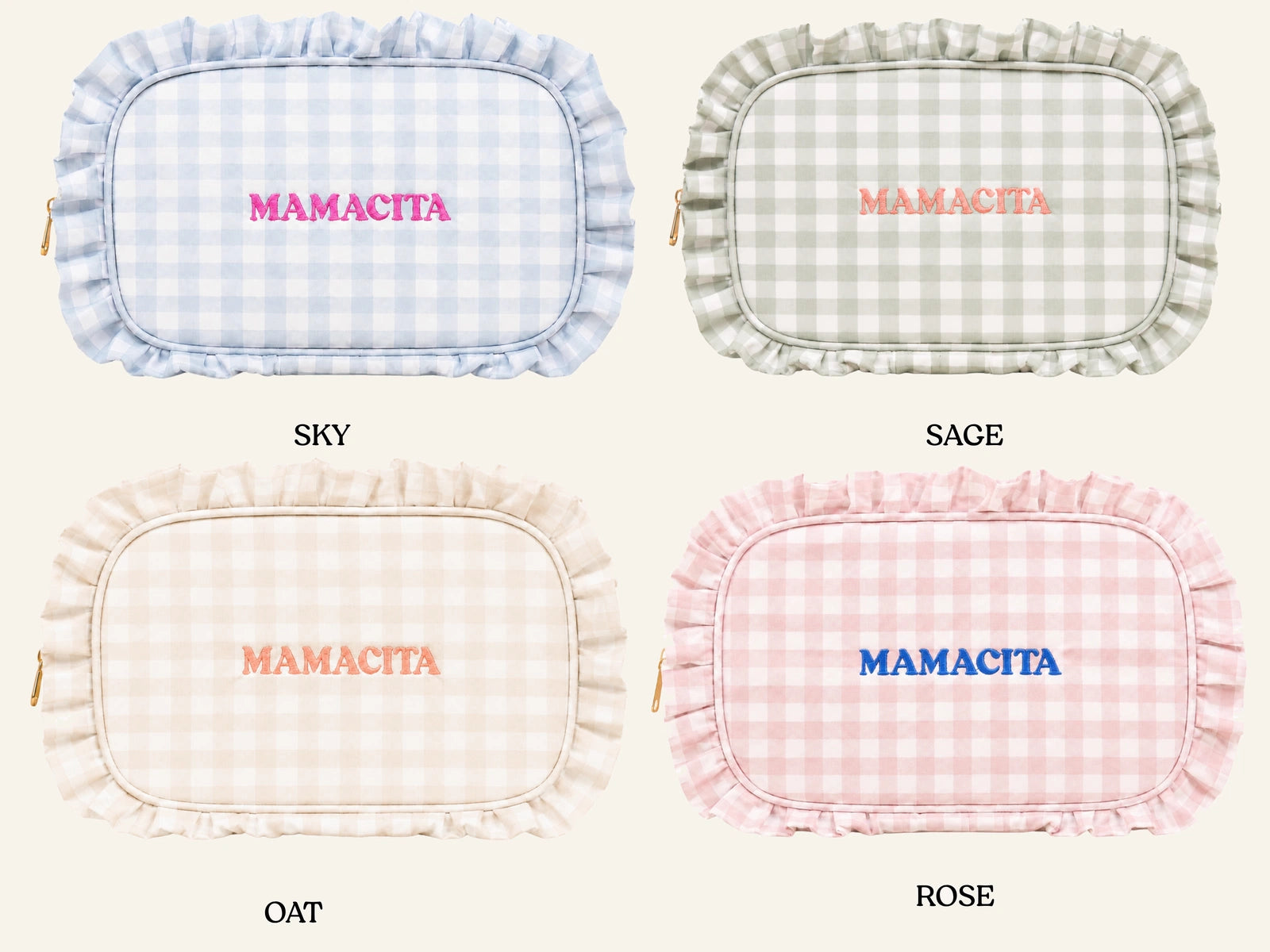 Four gingham ruffle washbags arranged in a 2x2 grid on a light cream background, each with a gingham check pattern and ruffled edges. The pillows are labeled with names: SKY (light blue), SAGE (light green), OAT (cream), and ROSE (pink), and each features the word MAMACITA embroidered in a different color.